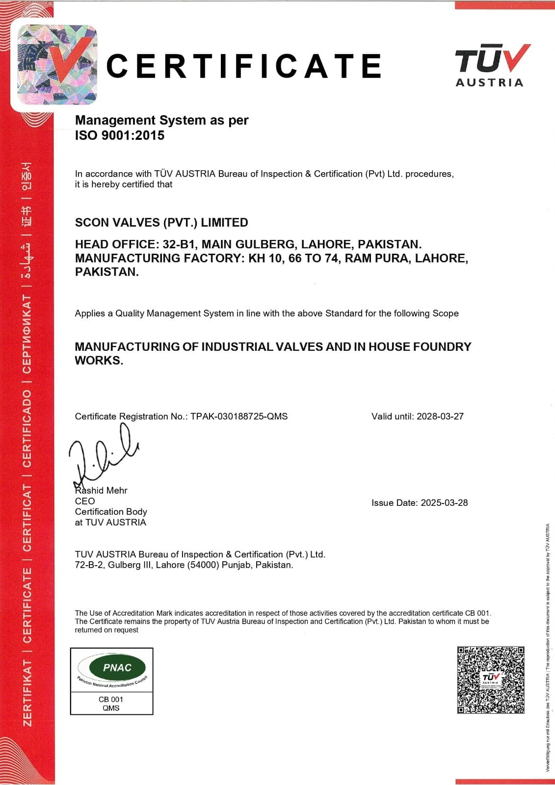 TÜV Austria ISO 9001:2015 certificate issued 28 March 2025